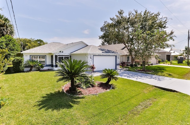 ranch-style home with a front lawn and a garage