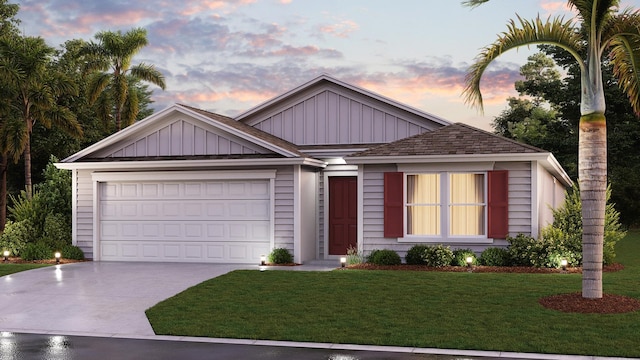 single story home featuring board and batten siding, concrete driveway, a yard, and a garage