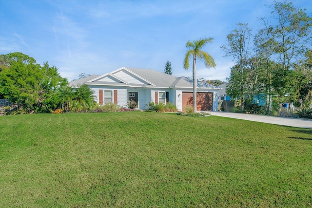 ranch-style house featuring driveway, a front lawn, and an attached garage