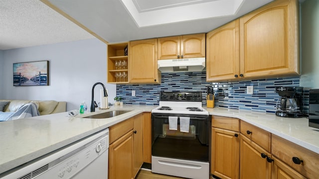 4250 A1A S B16 Unit B16, Saint Augustine, FL 32080 - kitchen featuring electric stove, under cabinet range hood, white dishwasher, and backsplash