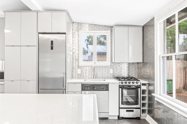 kitchen featuring stainless steel appliances, a wealth of natural light, sink, and white cabinets