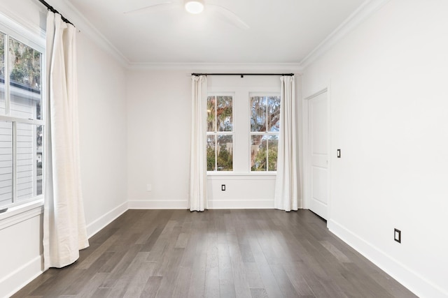 spare room with crown molding, dark wood-type flooring, and ceiling fan