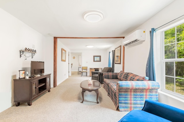 carpeted living room featuring a wall mounted air conditioner, radiator heating unit, and plenty of natural light