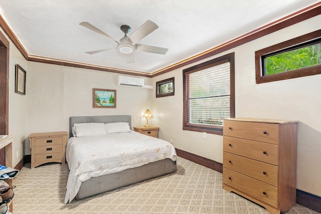 bedroom featuring ceiling fan, an AC wall unit, and crown molding