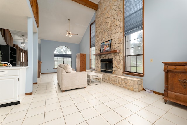 4109 Pine Run Cir, Saint Augustine, FL 32086 - living area featuring high vaulted ceiling, a ceiling fan, beam ceiling, baseboards, and a fireplace