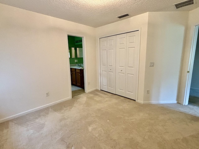 5850 Cypress Estates Dr, Elkton, FL 32033 - unfurnished bedroom featuring light carpet, a textured ceiling, a closet, baseboards, and a sink