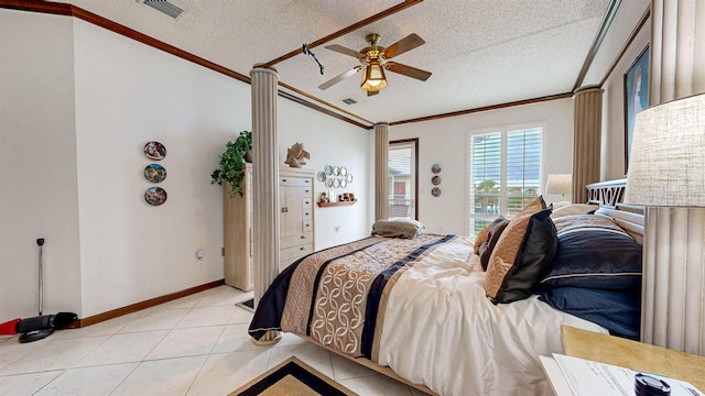 tiled bedroom with ceiling fan, crown molding, and a textured ceiling