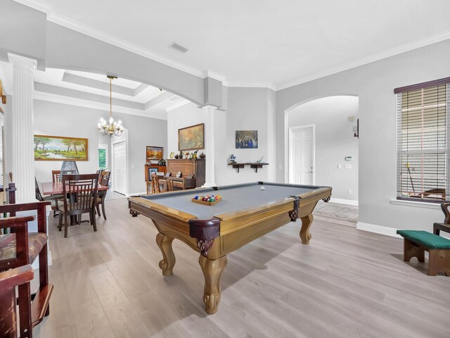 1201 Ellington Ct, Saint Augustine, FL 32084 - rec room featuring arched walkways, light wood finished floors, crown molding, pool table, and a chandelier