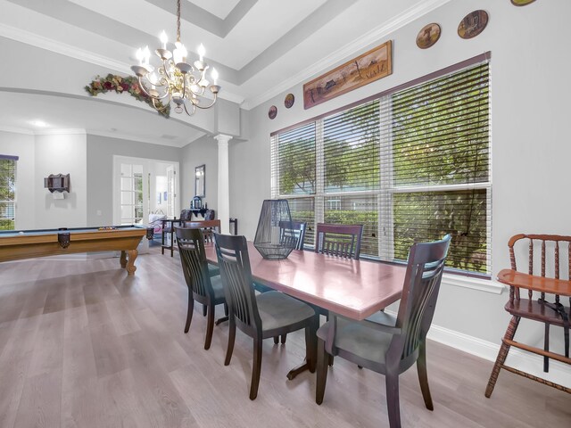 1201 Ellington Ct, Saint Augustine, FL 32084 - dining room featuring ornate columns, wood finished floors, ornamental molding, billiards, and a chandelier