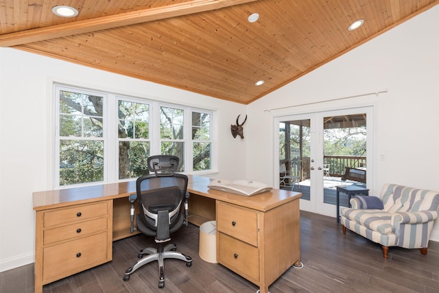 6698 Nassau St, Saint Augustine, FL 32080 - home office with french doors, wooden ceiling, plenty of natural light, dark wood-style flooring, and recessed lighting
