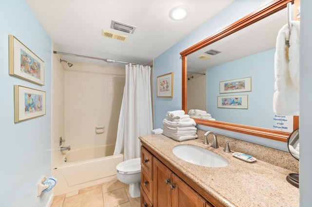 full bathroom with toilet, shower / bath combo, vanity, and tile patterned floors