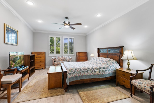 bedroom with light wood-style floors, baseboards, ornamental molding, and recessed lighting
