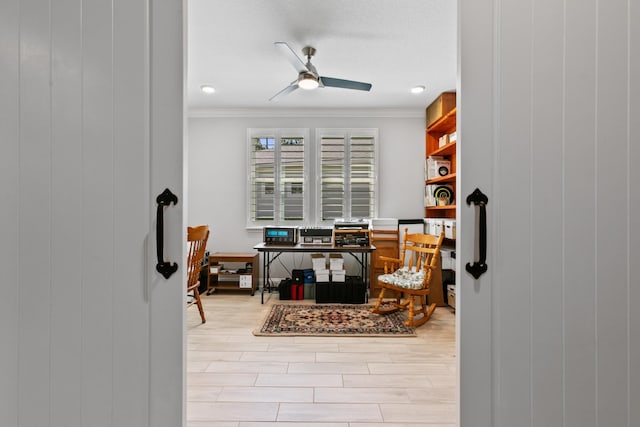 interior space featuring crown molding, recessed lighting, ceiling fan, and wood finished floors