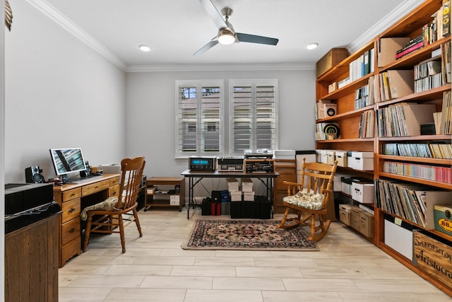 home office with ornamental molding, a ceiling fan, and recessed lighting