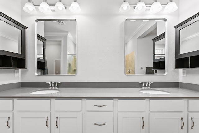bathroom with double vanity, ornamental molding, and a sink