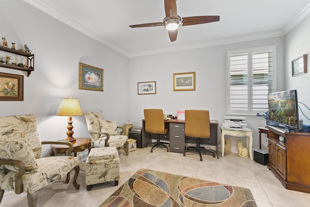 home office featuring ornamental molding, a ceiling fan, and light tile patterned flooring