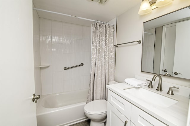 full bathroom with vanity, toilet, and shower / bathtub combination with curtain