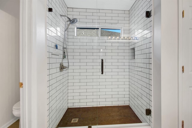 full bathroom with a stall shower and toilet