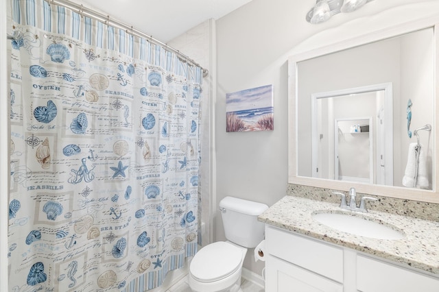 full bathroom with a shower with shower curtain, toilet, and vanity