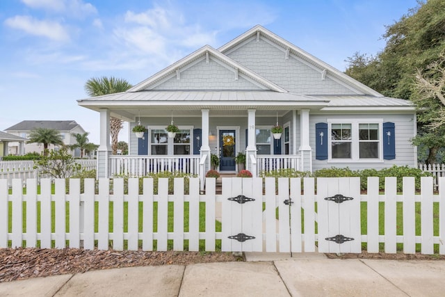 19 Smiling Fish Ln, Palm Coast, FL 32137 - craftsman inspired home featuring covered porch, a gate, a fenced front yard, and a standing seam roof