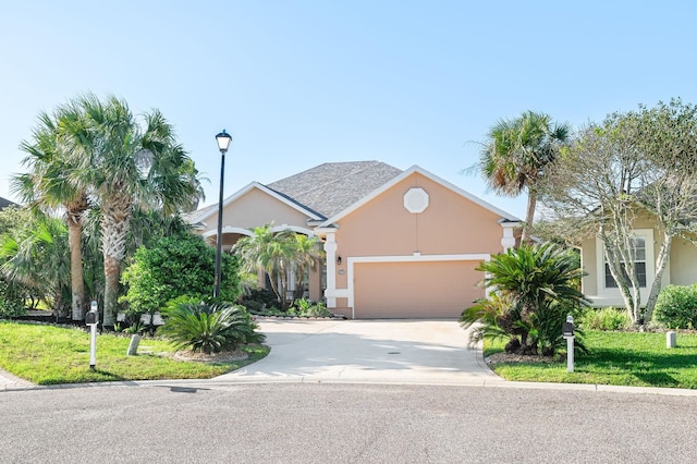 view of front of house with stucco siding, an attached garage, driveway, and a front lawn