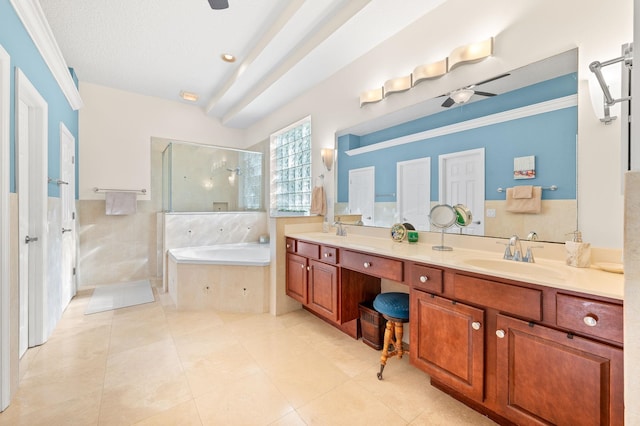 full bathroom with a sink, walk in shower, a ceiling fan, and a garden tub