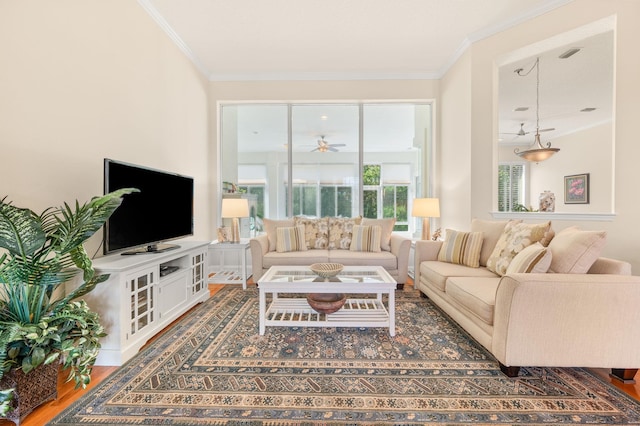 living room featuring crown molding, a ceiling fan, and wood finished floors