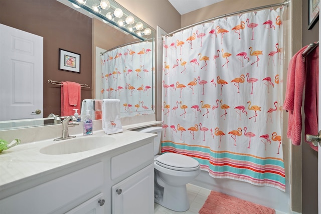 1101 Royal Troon Ln, Saint Augustine, FL 32086 - full bathroom featuring shower / bathtub combination with curtain, toilet, tile patterned floors, and vanity