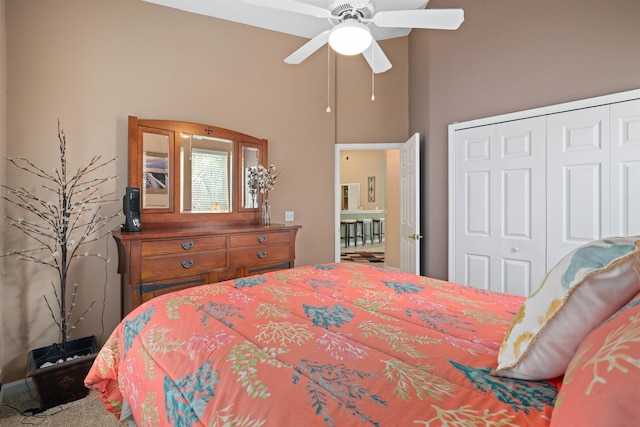 1101 Royal Troon Ln, Saint Augustine, FL 32086 - bedroom featuring carpet flooring, a towering ceiling, a closet, and ceiling fan