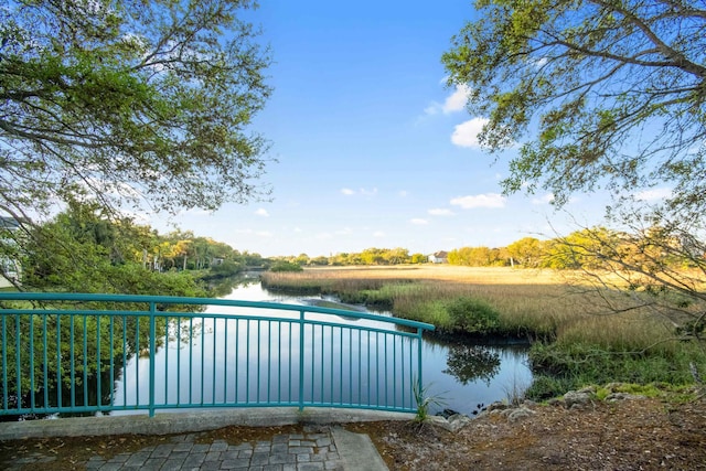 exterior space with a water view