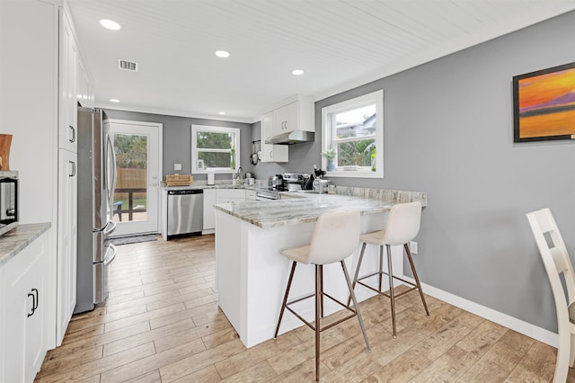 kitchen featuring kitchen peninsula, appliances with stainless steel finishes, a kitchen bar, sink, and white cabinetry