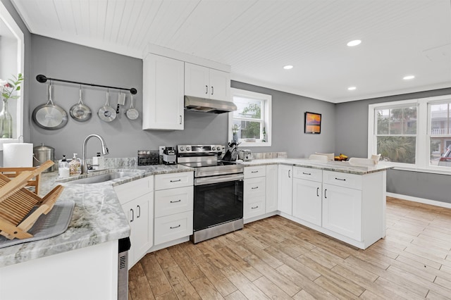 kitchen featuring kitchen peninsula, electric range, white cabinetry, and sink