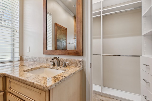 bathroom with vanity, crown molding, and a wealth of natural light