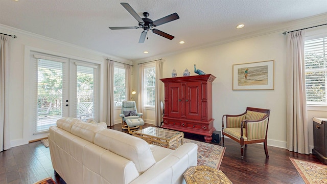 living area with a wealth of natural light, dark wood-style flooring, and crown molding