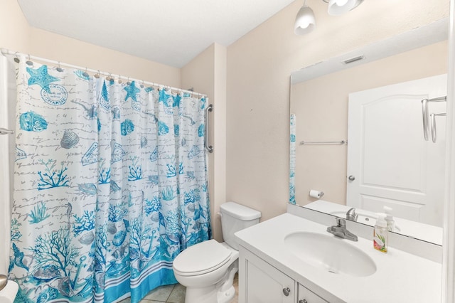 full bath with vanity, toilet, a shower with shower curtain, and tile patterned flooring
