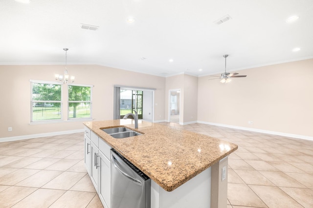 kitchen with a sink, stainless steel dishwasher, hanging light fixtures, light stone countertops, and a center island with sink