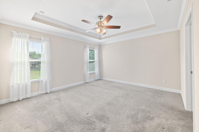 spare room with a raised ceiling, ornamental molding, healthy amount of natural light, ceiling fan, and carpet