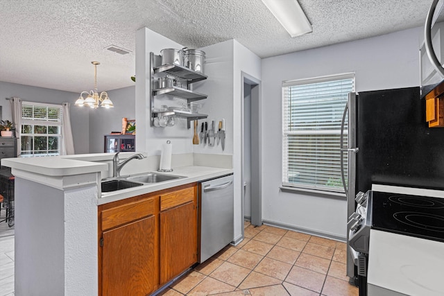 kitchen with sink, dishwasher, hanging light fixtures, an inviting chandelier, and electric stove