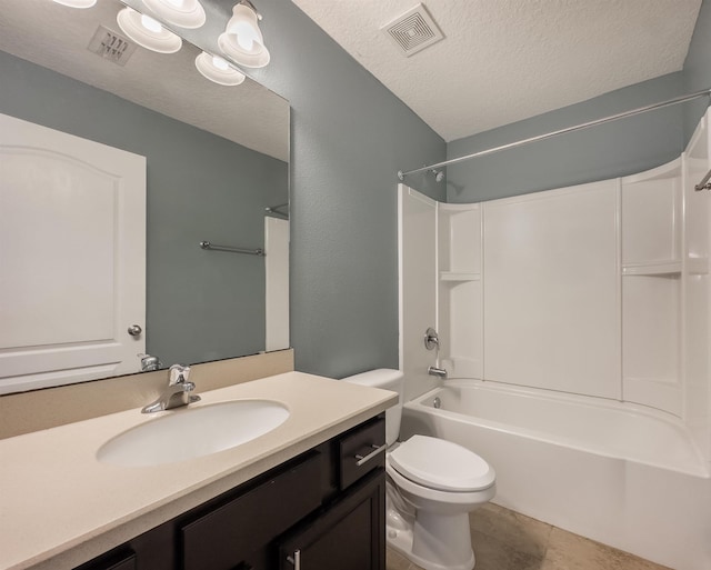 full bathroom featuring toilet, a textured ceiling, tile patterned floors, shower / bathtub combination, and vanity