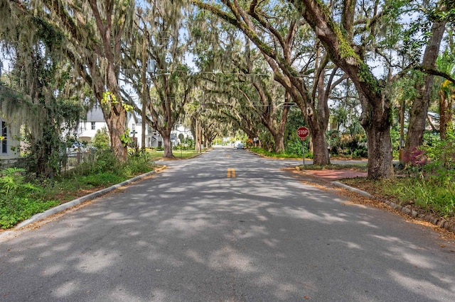 view of street featuring curbs and traffic signs