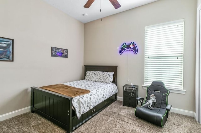 bedroom featuring ceiling fan and carpet flooring