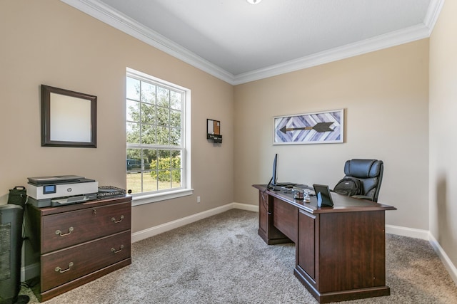 home office featuring crown molding and light colored carpet