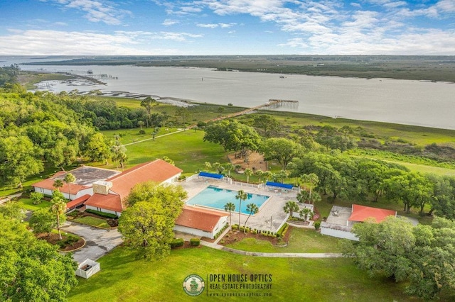 drone / aerial view with a water view