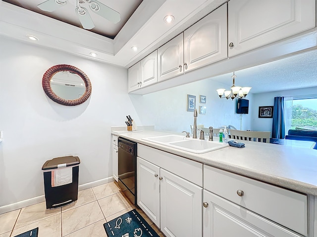 826 A1A Beach Blvd Unit 13, Saint Augustine, FL 32080 - kitchen featuring dishwasher, a sink, white cabinets, a chandelier, and a ceiling fan