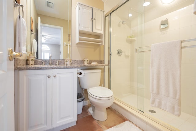 full bath with tile patterned flooring, toilet, vanity, visible vents, and a shower stall