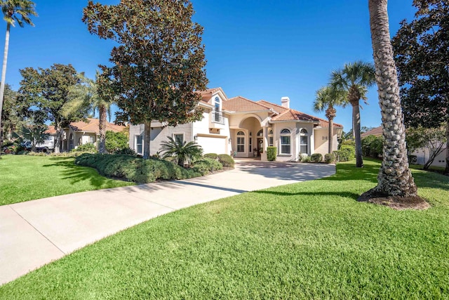 mediterranean / spanish home featuring stucco siding, a chimney, a front lawn, and a tiled roof