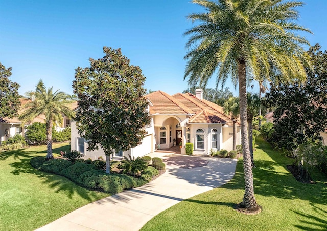 mediterranean / spanish house featuring an attached garage, concrete driveway, a front yard, and a tile roof