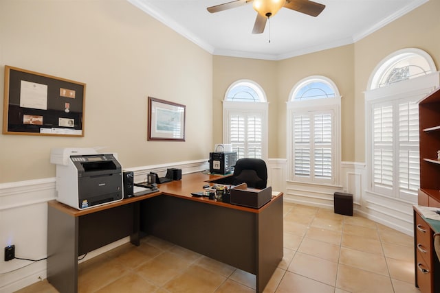 home office with plenty of natural light, ornamental molding, and wainscoting