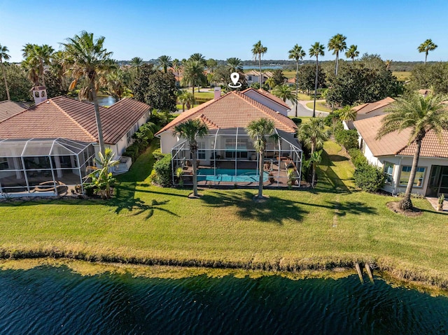 aerial view featuring a water view