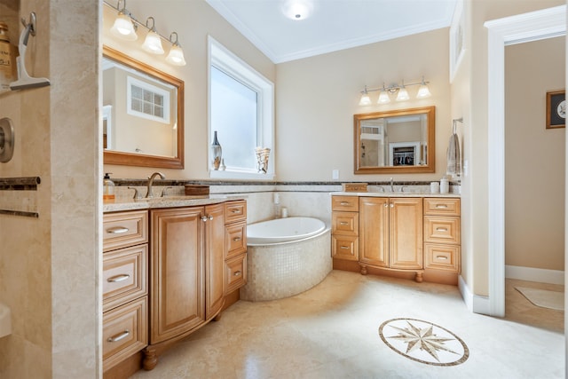 bathroom with ornamental molding, two vanities, and a sink